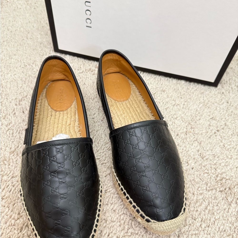 Gucci Black Embossed Leather Espadrilles - Picture 2 of 16